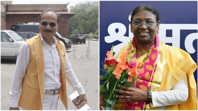 Congress leader Adhir Ranjan Chowdhury and President-elect Droupadi Murmu | File photo | ThePrint/ANI
