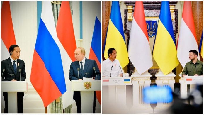 The President of Indonesia, Joko Widodo, with Russian President Vladimir Putin (left) and with Ukrainian President Volodymyr Zelenskyy (right) | Credits: Joko Widodo’s Twitter page | @jokowi | Graphic: ThePrint team