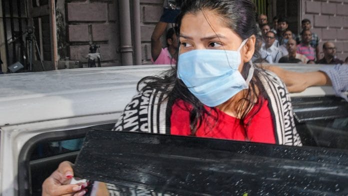 Arpita Mukherjee is brought to a court in Kolkata on Sunday after she was arrested by the ED in connection with its probe into the teachers’ recruitment scam | PTI