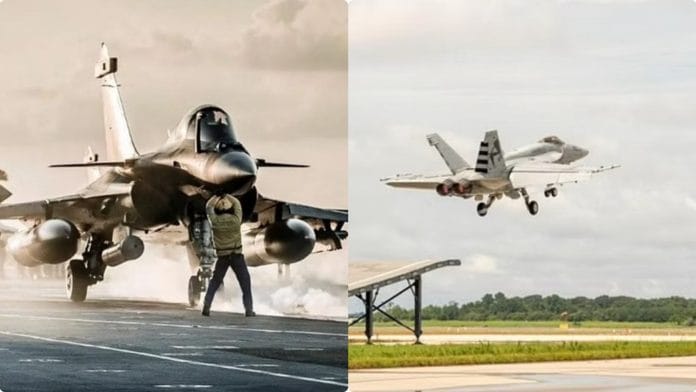 Rafale M jet (left) and Boeing's F/A-18 Super Hornet (right)