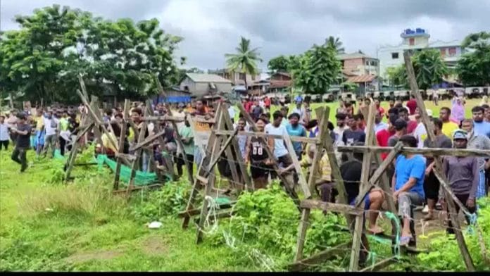 Local residents protesting in Manipur's Moreh against the killing of two Tamil youths in Myanmar | Twitter @ANI