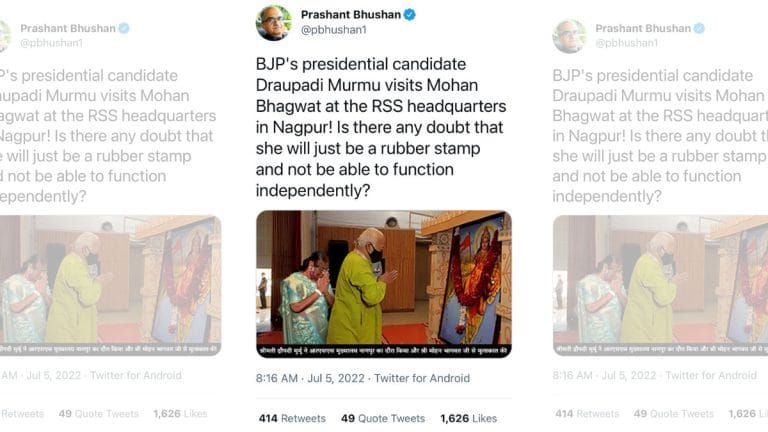 Photo of Murmu & RSS chief Bhagwat tweeted by Prashant Bhushan is two images morphed into one