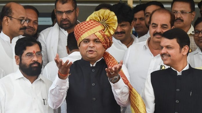 Newly-elected Maharashtra Assembly Speaker Rahul Narwekar with CM Eknath Shinde and Deputy CM Devendra Fadnavis at Vidhan Bhavan in Mumbai Sunday | PTI