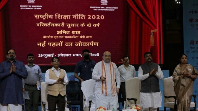 Union ministers Amit Shah, Dharmendra Pradhan and Rajeev Chandrasekhar at the NEP event in Delhi Friday | Suraj Singh Bisht | ThePrint