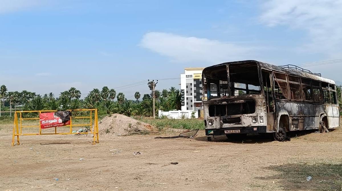 A school bus burnt at Shakti International ECR School | Photo: Sowmiya Ashok | ThePrint