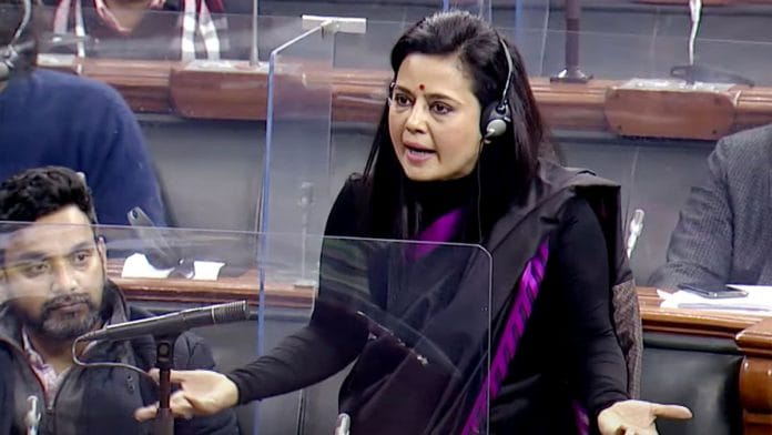 Trinamool Congress Lok Sabha MP Mahua Moitra during the Budget session of Parliament, 3 February | Credit: ANI Photo/SansadTV
