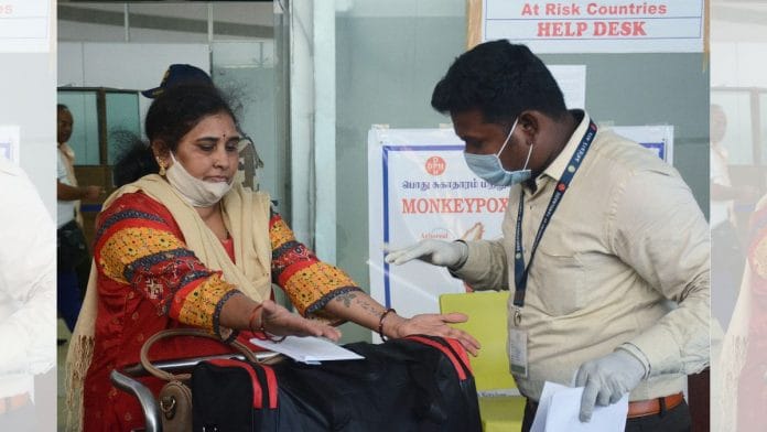 Health workers at the Chennai International Airport screen passengers arriving from high-risk countries for Monkeypox symptoms, 3 June, 2022 | Credit: ANI Photo