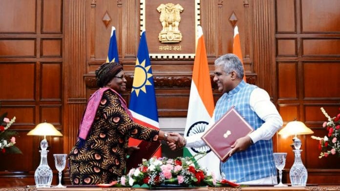 The MoU was signed between Union Environment Minister Bhupender Yadav and Namibia Deputy PM and Foreign Minister Netumbo Nandi Ndaitwah | Twitter | @byadavbjp