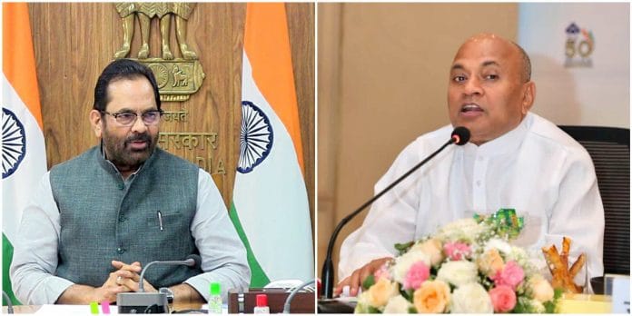 File photos of senior BJP leader Mukhtar Abbas Naqvi and Janata Dal (United) party leader R.C.P. Singh | Photo credit: ANI and Twitter/@RCP_Singh