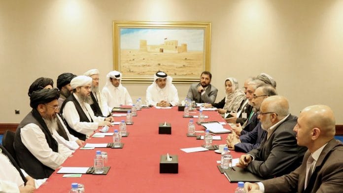 File photo of the Afghan Republic and the Taliban negotiation teams holding peace talks in Doha | ANI