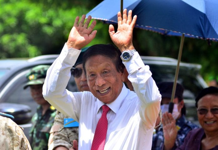 The National Socialist Council of Nagaland-Isak-Muivah (NSCN-IM)’s Thuingaleng Muivah waves as he leaves after attending the 76th Naga Independence Day celebrations at Hebron, in Dimapur | ANI  