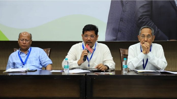 NPP chief and Meghalaya Chief Minister Conrad Sangma addresses media and party colleagues in New Delhi on Saturday | Twitter | @SangmaConrad