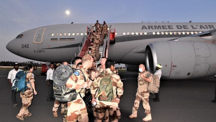 A contingent of the French Air and Space Force staged through an IAF base on their way to Ex-Pitch Black 2022 in Australia | Twitter/@IAF_MCC