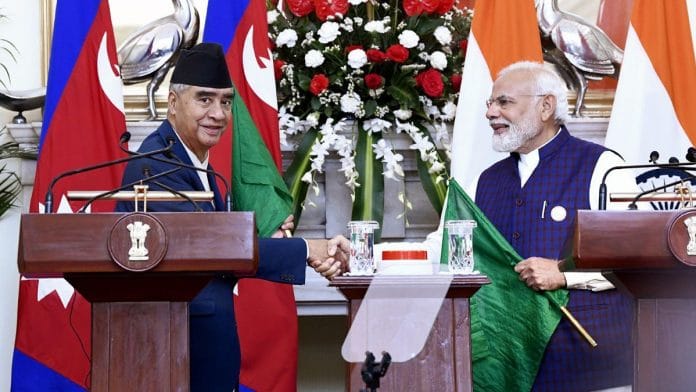 Prime Minister Narendra Modi with Nepal Prime Minister Sher Bahadur Deuba (left), 2 April, 2022 Credit: ANI Photo/ Mohd Zakir