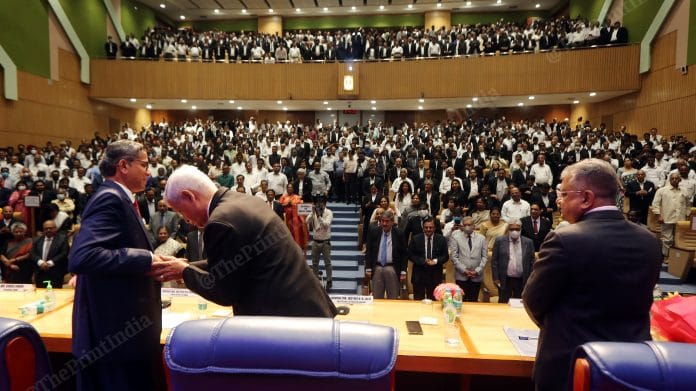 Justice N.V. Ramana (left), CJI Uday Lalit (center), and Solicitor General Tushar Mehta (right) during the farewell ceremony organised by Supreme Court Bar Association (SCBA), at Supreme Court in New Delhi | Praveen Jain | ThePrint