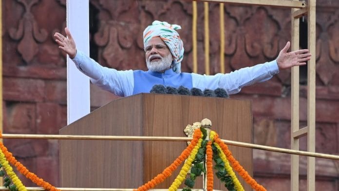 Prime Minister Narendra Modi addresses the nation from the rampart of Red Fort on the occasion of India’s 76th Independence Day in New Delhi, 15 August | Credit: ANI Photo/Sanjay Sharma