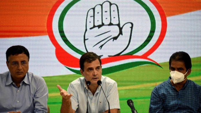 Congress’ Rahul Gandhi with K.C. Venugopal and Randeep Singh Surjewala, New Delhi | Credit: ANI Photo