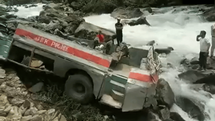 Bus carrying 37 ITBP personnel and two J&K Police personnel falls into riverbed in Pahalgam | Photo: Twitter /@ANI