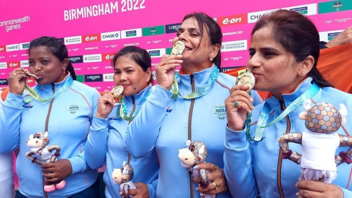File photo of the Indian Women's Lawn Bowling team with Rupa Rani Tirkey, Nayanmoni Saikia, Lovely Choubey, and Pinki Singh | Twitter/@WeAreTeamIndia