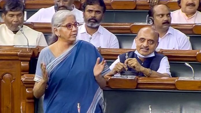 Union Finance Minister Nirmala Sitharaman speaks in the Lok Sabha during ongoing Monsoon Session of Parliament in New Delhi, on 1 August 2022 | PTI