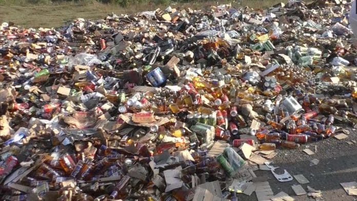 File photo of liquor bottles seized in 2020 by the police in Surat, Gujarat | Twitter/ANI