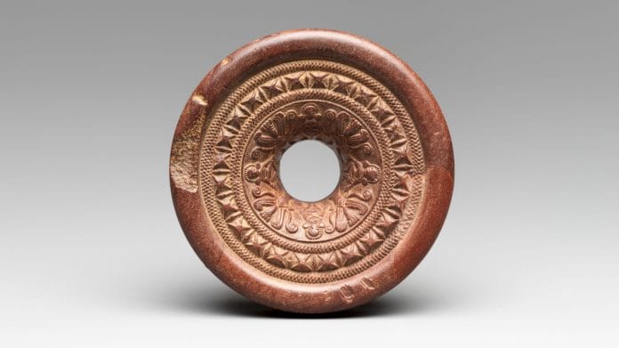 Ring Stone with Goddesses and Aquatic Plants, Mauryan Period, Bihar, India, c. 3rd–late 2nd century, Steatite (?). Image courtesy of The Metropolitan Museum of Art.