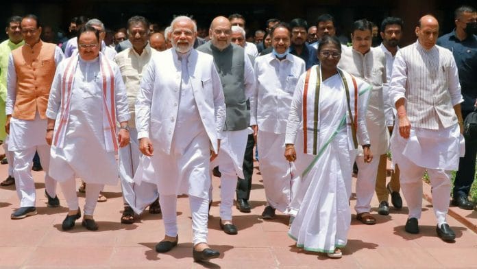 President Droupadi Murmu accompanied by PM Narendra Modi, Defence Minister Rajnath Singh, Home Minister Amit Shah and other NDA leaders in New Delhi | ANI file photo