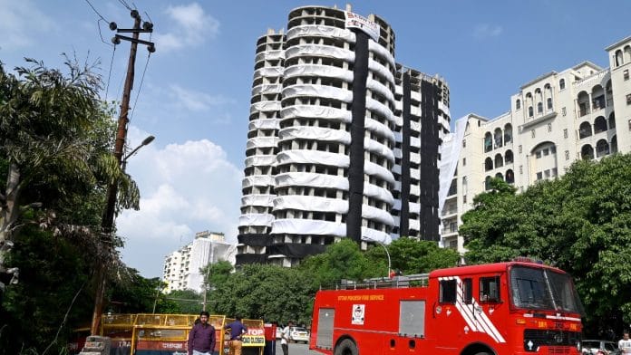 A view of the Supertech Twin Towers Apex & Ceyane all set for demolition in Noida | File photo | ANI