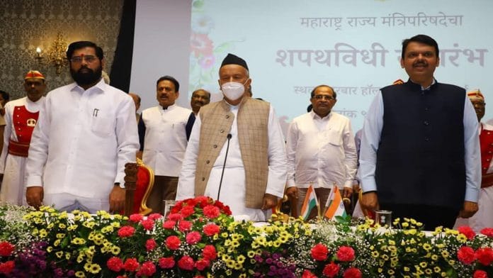 Maharashtra Chief Minister Eknath Shinde, Deputy CM Devendra Fadnavis and Governor Bhagat Singh Koshyari at the swearing-in ceremony of the state cabinet Tuesday | Twitter/@mieknathshinde