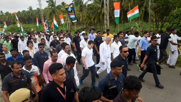 Congress leader Rahul Gandhi with Bhupesh Baghel, KC Venugopal and others during the 'Bharat Jodo Yatra', in Kanyakumari, 8 Sept 2022 | PTI