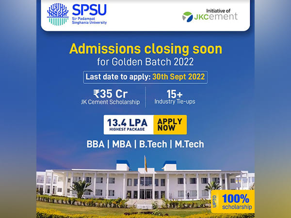 JK Cement's SPSU Udaipur launches 'Golden Batch 2022' in collaboration with 15+ leading corporates; admission window closes on September 30, 2022