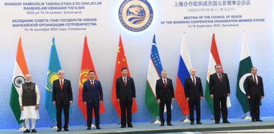 PM Modi (far left) and Xi Jinping (centre) at the SCO summit in Samarkand | Twitter/@narendramodi
