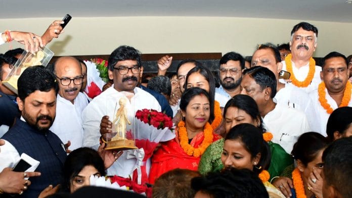 Jharkhand CM Hemant Soren with MLAs of the JMM-led ruling alliance after winning the trust vote in Ranchi Monday | ANI