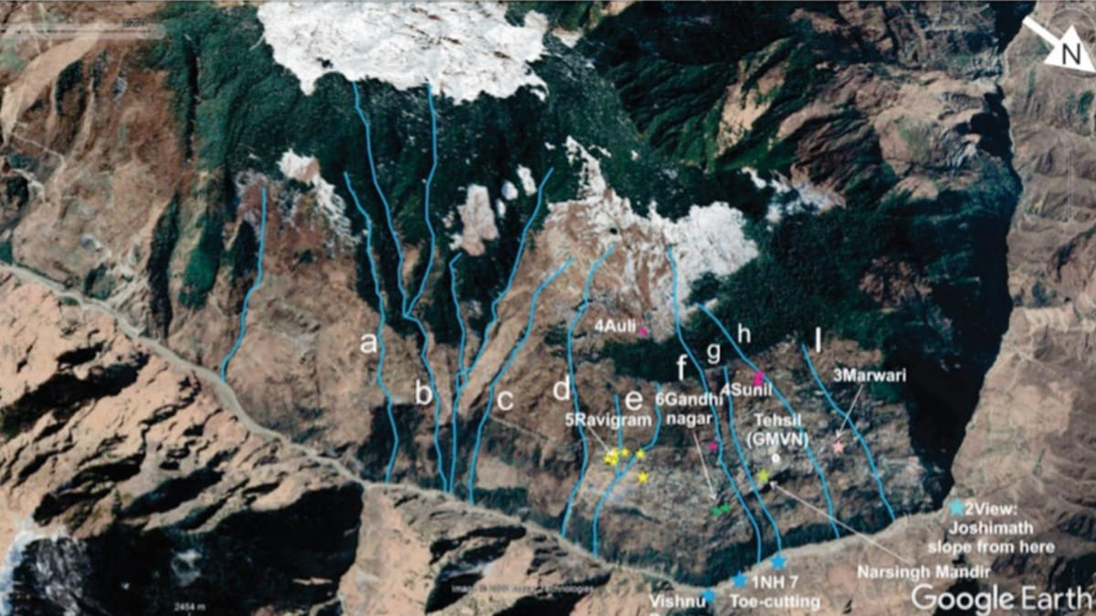 A map showing the nine nullahs passing through the slope of Joshimath town | Picture courtesy: Expert Report