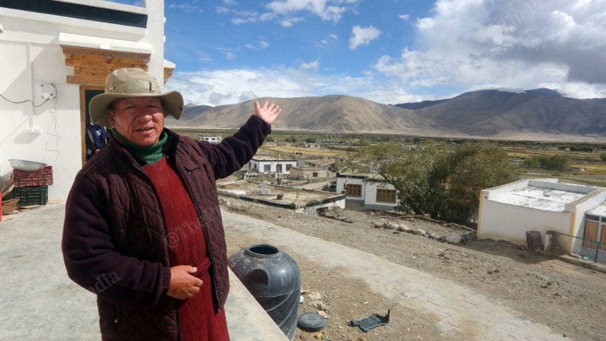 Namgail Phuntsog, Councillor of Chushul village, points to the areas where they are no longer allowed to graze their sheep | Credit: Praveen Jain, ThePrint