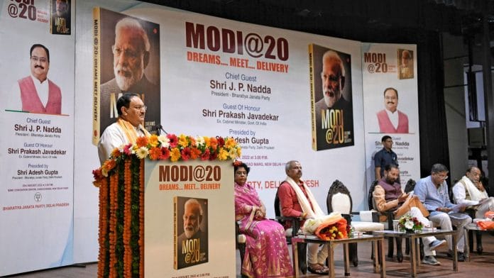 BJP National President J.P. Nadda at the launch of the book Modi@20 | Credit: ANI photo