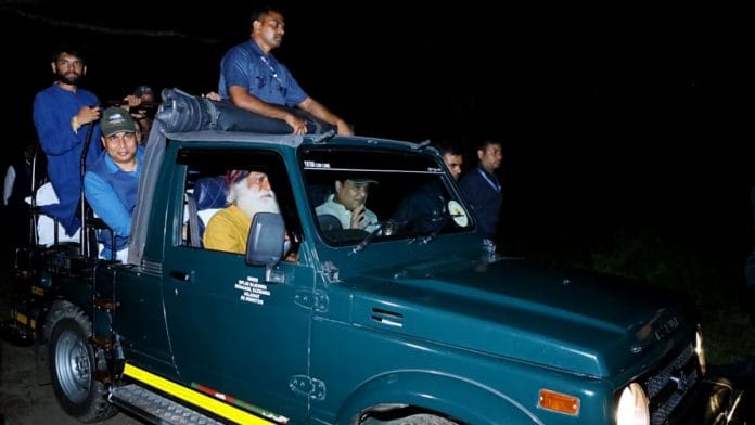 Assam CM Himanta Biswa Sarma with spiritual leader 'Sadhguru' Jaggi Vasudev on a jeep safari at the Kaziranga National Park Saturday | ANI Photo