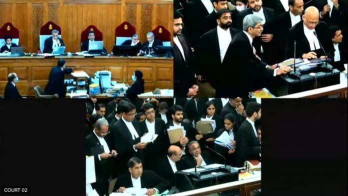 A bench led by Justice DY Chandrachud hearing the 'real' Shiv Sena tussle matter Tuesday | YouTube/NIC Webcast