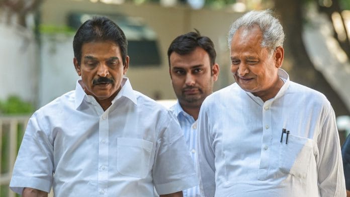 Rajasthan CM Ashok Gehlot with senior Congress leader KC Venugopal after a meeting with party interim President Sonia Gandhi in New Delhi, on 29 September 2022 | PTI
