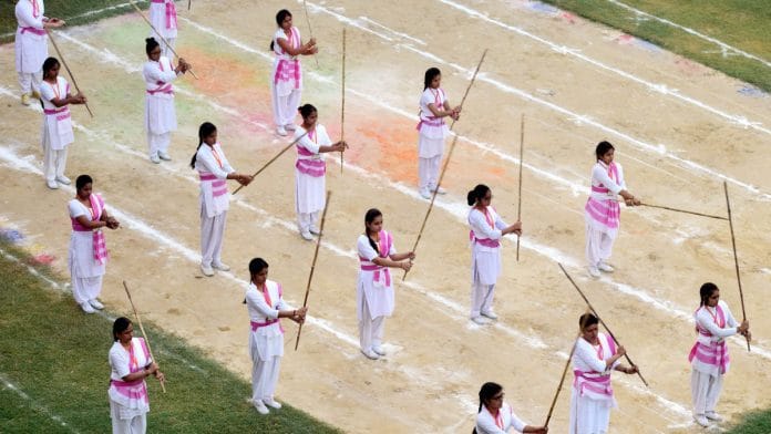 Rashtra Sevika Samiti volunteers at a school in Prayagraj | ANI