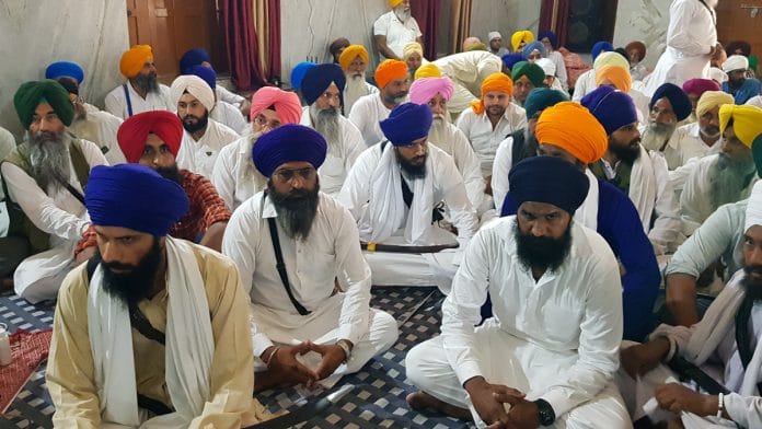 Amritpal Singh Sandhu (centre) at Tibi Saheb Gurudwara, Faridkot at an event commemorating the seventh anniversary of Behbal Kalan killings linked to the 2015 Bargari sacrilege case | ThePrint / Sonal Matharu