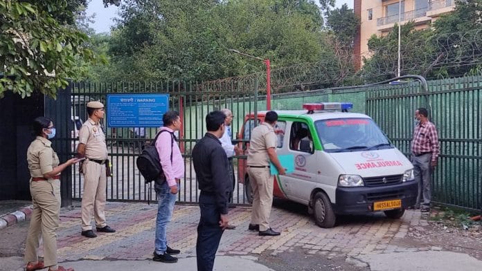 An ambulance carrying mortal remains of Kashmiri separatist leader Altaf Ahmad Shah leaves from AIIMS after a post-mortem in Delhi, on 11 October 2022 | PTI