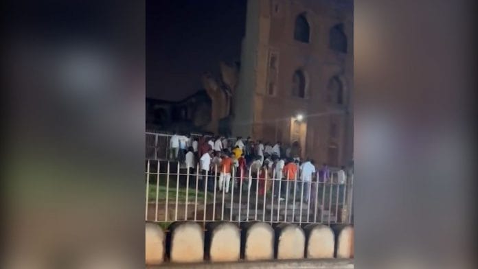 File photo of mob entering the the Mahmud Gawan Madrasa | Twitter/@asadowaisi