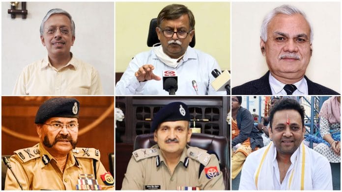(Clockwise from top left) Additional Chief Secretary to CM S.P. Goyal, Advisor to CM Awanish Awasthi, UP chief secretary D. S. Mishra, Principal Secretary to CM Sanjay Prasad, acting DGP D.S. Chauhan, and ADG (Law & Order) Prashant Kumar | Pic courtesy: Twitter/UP Police/spgoyal.net