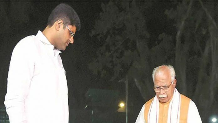 File photo of Jannayak Janata Party (JJP) leader and Haryana Deputy Chief Minister Dushyant Chautala with Chief Minister Manohar Lal Khattar | PTI