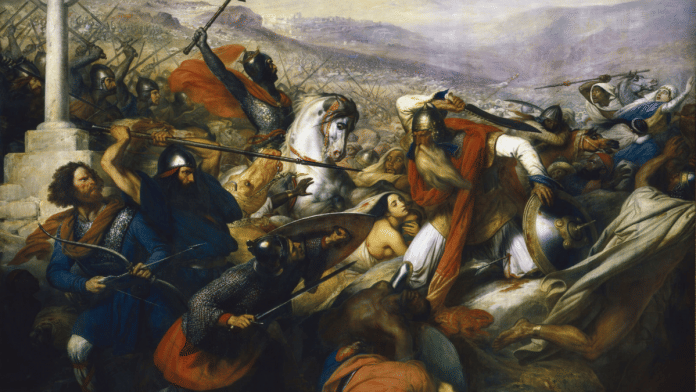 1837 painting by Charles de Steuben of the Battle of Tours (732), depicting a triumphant Charles Martel (mounted) facing Abdul Rahman Al Ghafiqi/Representative image of the Arab army under the Umayyid caliphate | Wikimedia Commons