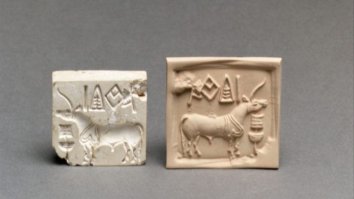Stamp Seal and Modern Impression: Unicorn and Incense Burner (?), Mature Harappan Culture, Indus Valley Civilisation, c. 2600–1900 BC, Burnt steatite. Image courtesy of The Metropolitan Museum of Art.