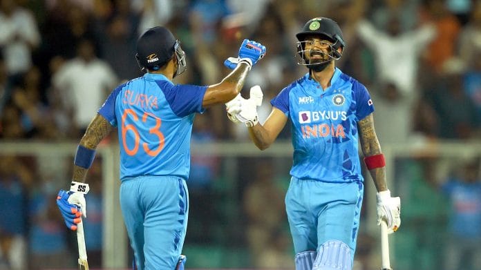 Suryakumar Yadav and KL Rahul celebrate after winning the 1st T20 cricket match between India and South Africa, at Greenfield International Stadium in Thiruvananthapuram, on 28 September 2022. | PTI Photo