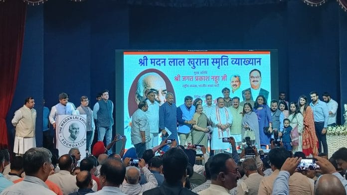 BJP chief J. P. Nadda and party colleagues at the event to commemorate former Delhi CM Madan Lal Khurana on Sunday | Debdutta Chakraborty | ThePrint