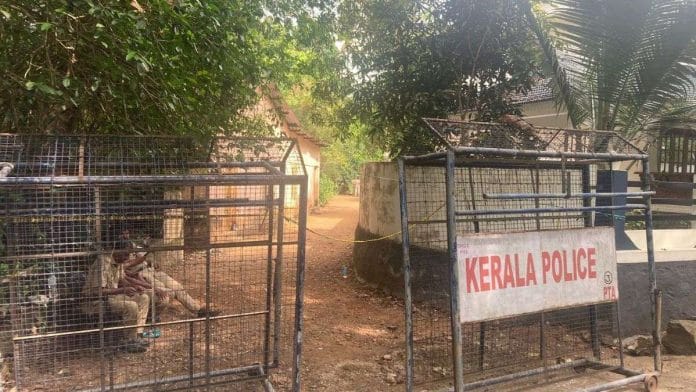 Kerala police barricades the road outside Bhagaval and Laila Singh’s house in Elanthoor, Kerala | Credit: Vandana Menon, ThePrint